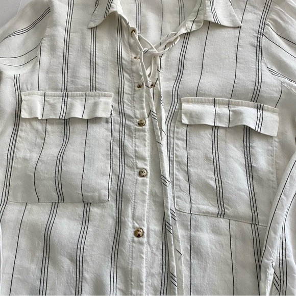 Zara Basic Black White Striped Linen-blend Top Shirt XS Officecore Oversized - Picture 5 of 13